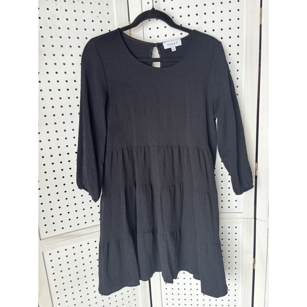 Gilli Knee Gauze 3/4 Sleeve Dress Women's Small Black Rayon Blend Flare